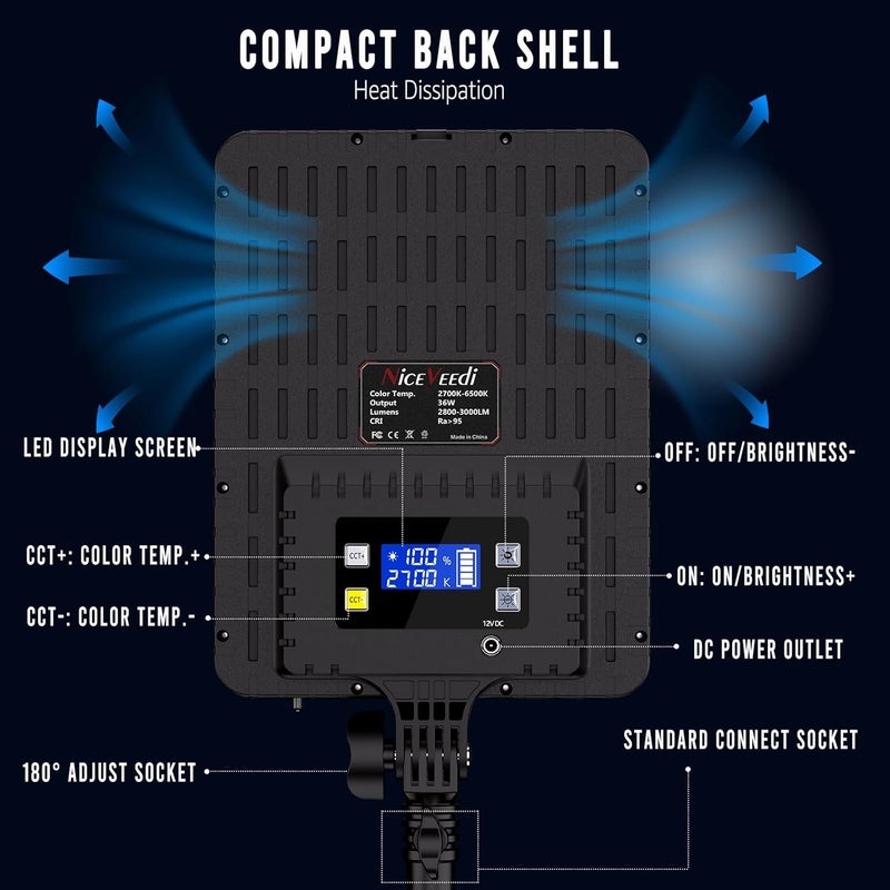 NiceVeedi 2-Pack Photography Lighting Kit, 36W Bi-Color Studio Lights 2700-6500K CRI 95+, Dimmable LED Video Light Kit with Remote Control & 72” Tripod Stand, Lighting for Video Recording/Photography - Image 5